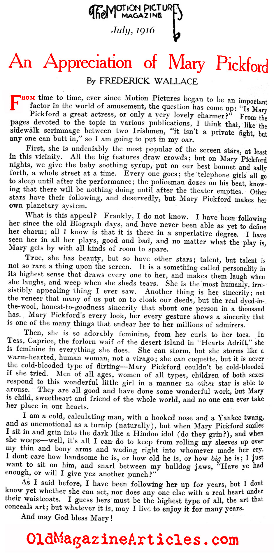 Mary Pickford: An Appreciation   (Motion Picture Magazine, 1916)